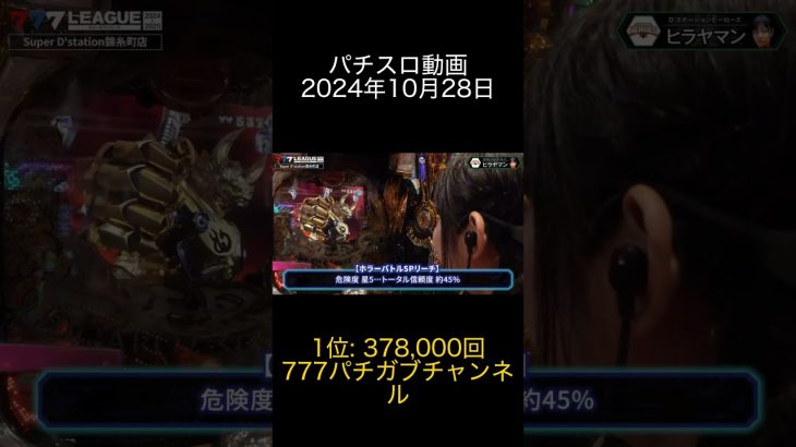 2024年10月28日 パチスロ動画ランキング 1位: 777パチガブチャンネル